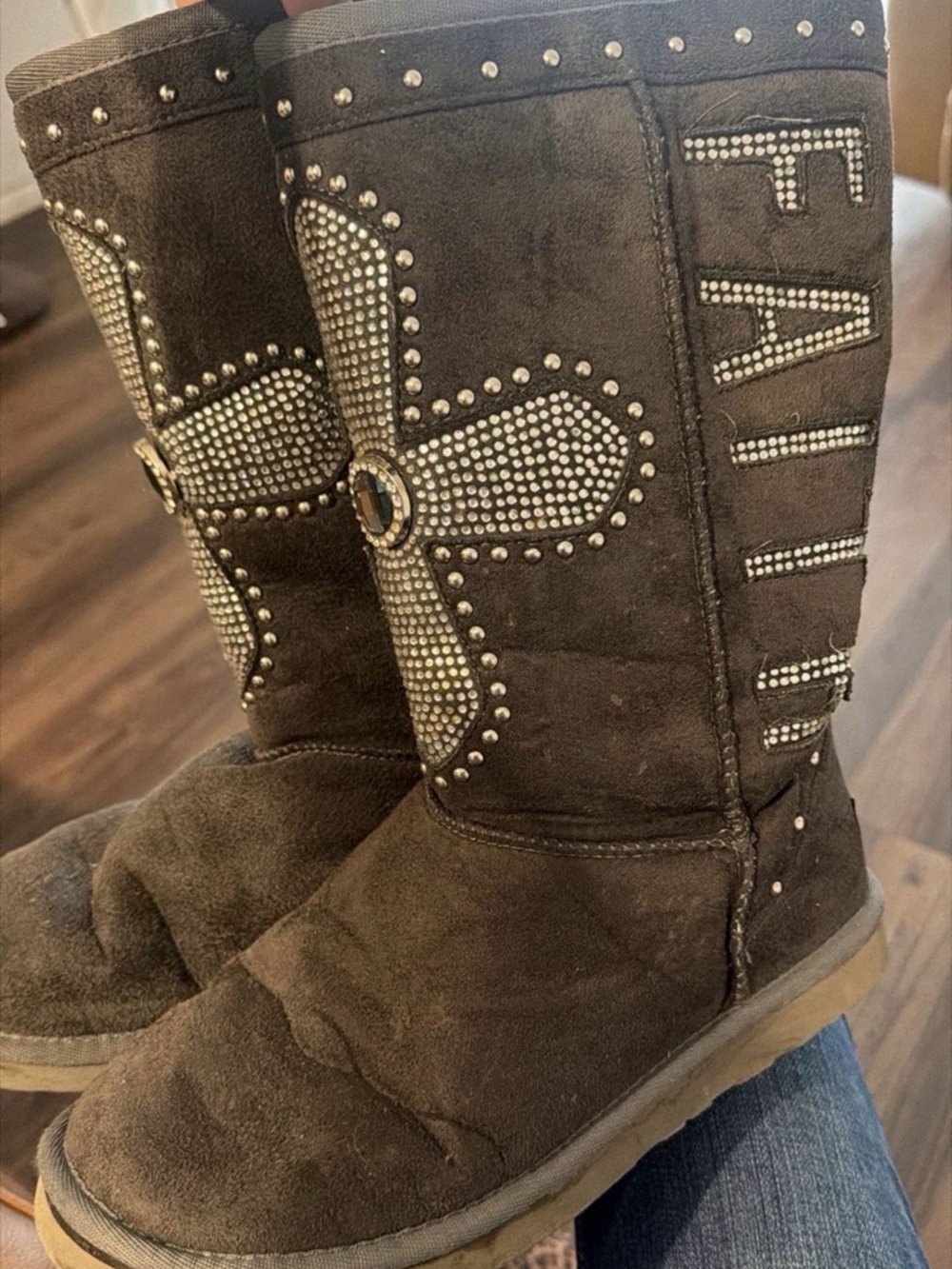 Montana West Brown Suede Winter Boots with Studded Cross & Rhinestones